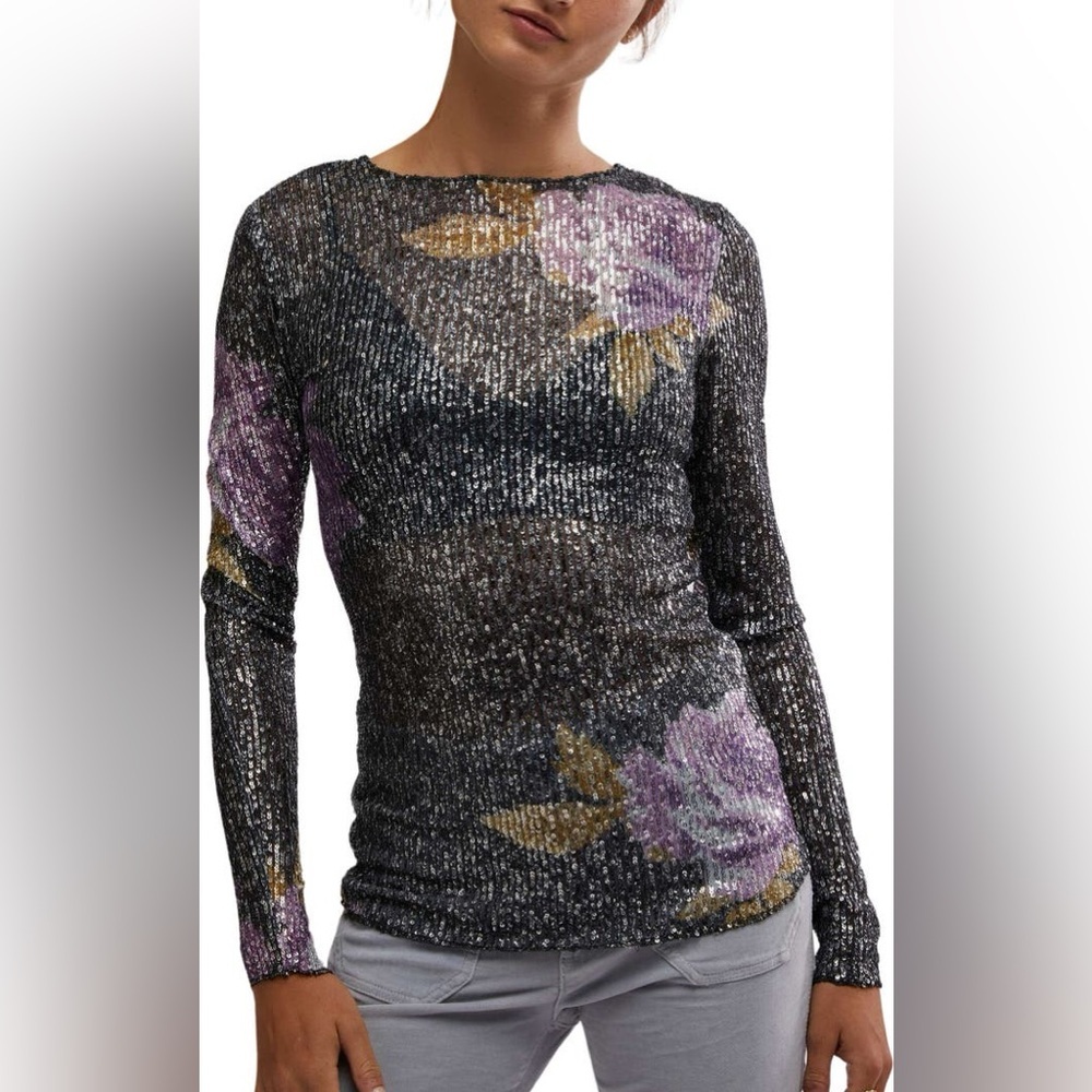 NEW Free People Gold Rush Sequin Long Sleeve Floral Top Size Small